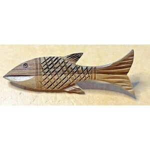 Wooden Bethlehem Fish Pin Hand Carved Brooch Religious Bible 2.5" Vintage